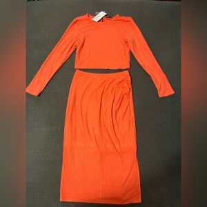 PrettyGarden Ribbed Long-Sleeve Crop Top & Midi Skirt Set - Orange